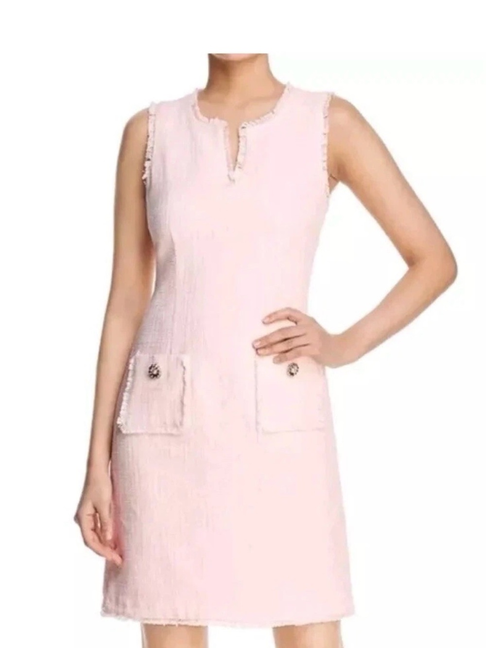 Karl Lagerfeld Sleeveless Pink Tweed Pocket Dress - Picture 2 of 6